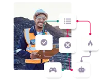 A smiling construction worker next to a SimTutor Author branching decision tree