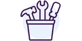 Icon of a hammer, wrench, and screwdriver in a bucket