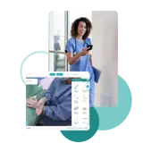 A healthcare professional looking at a phone and a SIMTICS simulation